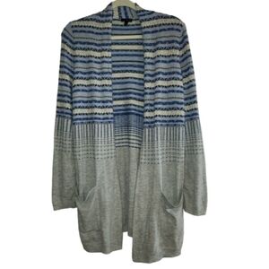 Talbots Striped Gray and Blue Women's Cardigan Size M Long Line Lambswool Blend